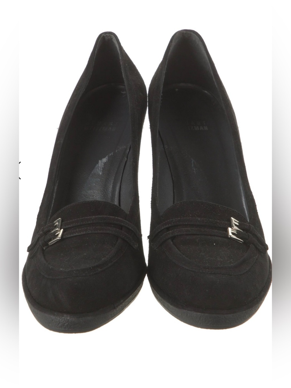 Stuart Weitzman Black Suede Loafer Flats with Silver Accent